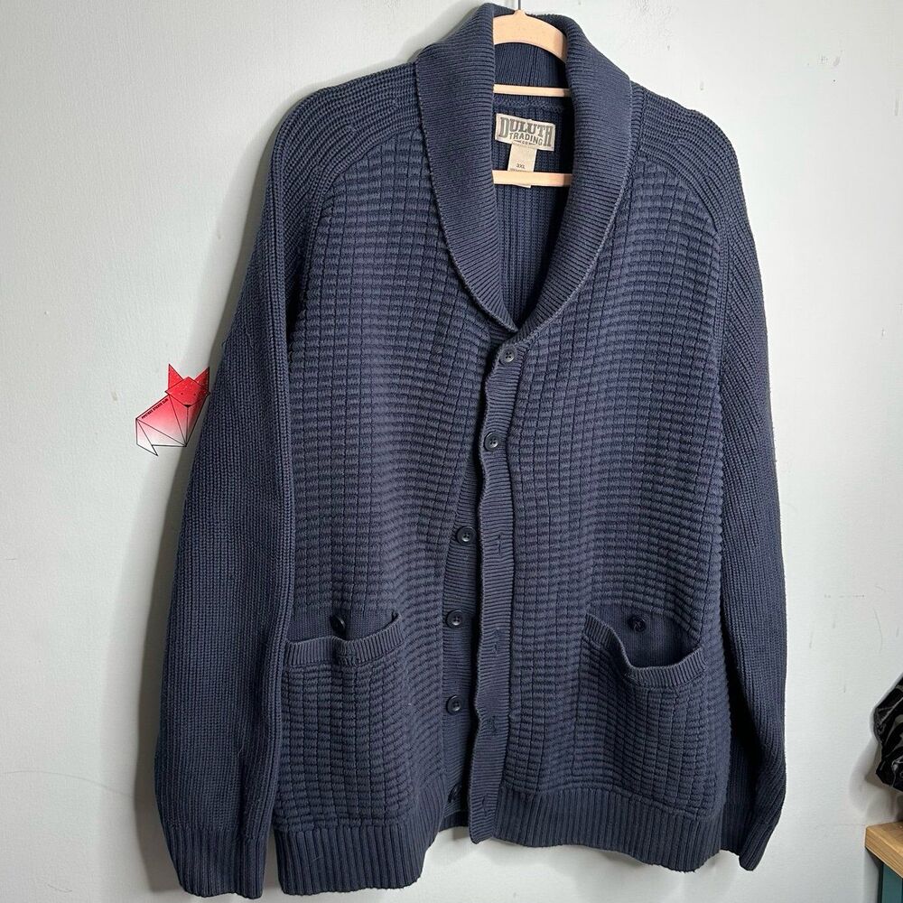 Duluth Trading Gray Blue Cotton Knit Shawl Collar Grandpa Cardigan Sweater 3XL